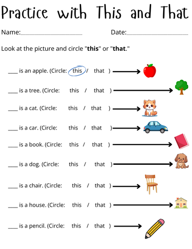 using this and that worksheets for kindergarten - use of this and that for kids