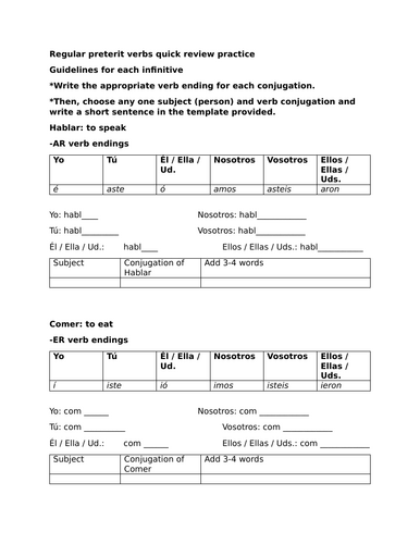 Regular preterit verbs quick review practice