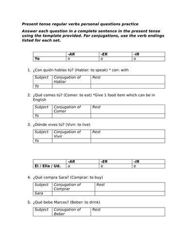 Present tense regular verbs personal questions practice