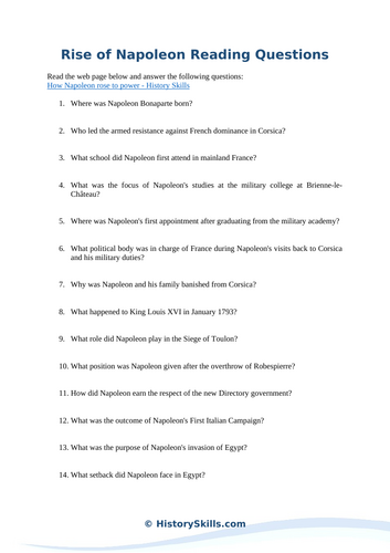 Rise of Napoleon Reading Questions Worksheet