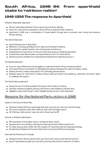 Edexcel A-Level History South Africa, 1948–94: from apartheid state to ‘rainbow nation‘ notes