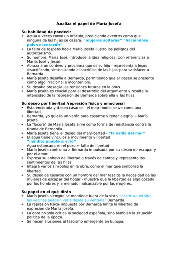 La Casa - Maria Josefa essay plan