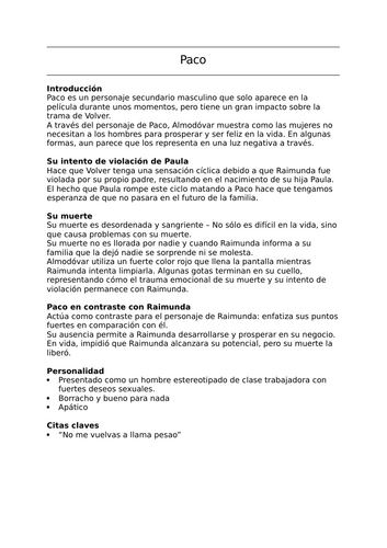 Volver - Paco essay plan