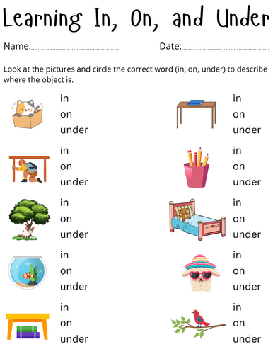 use of in on under worksheets for kindergarten - exercises in on under activity