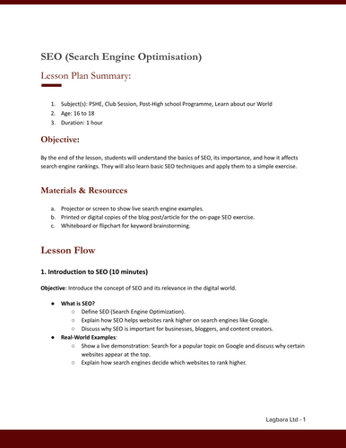 SEO (Search Engine Optimization) Lesson Plan: Summary