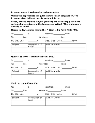 Irregular preterit verbs quick review practice