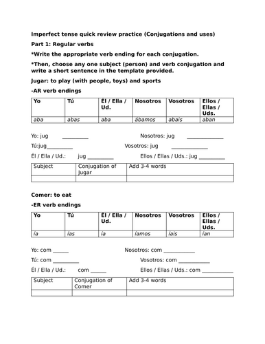 Imperfect tense quick review practice (Conjugations and uses)