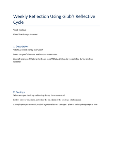 Weekly Reflective Practice Template Based on Gibb's Cycle for Trainee Teachers