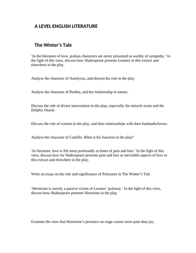 A LEVEL ENGLISH LITERATURE: a bank of essay questions "The Winter's Tale"