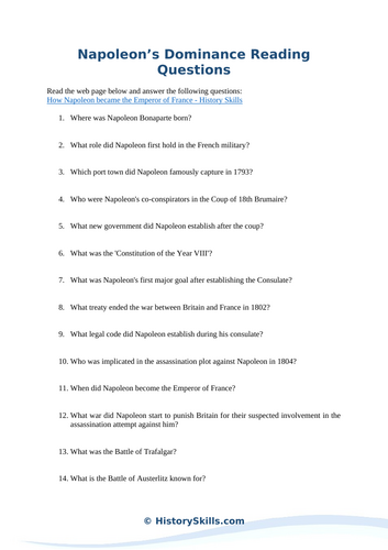 Napoleon’s Dominance Reading Questions Worksheet