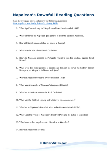 Napoleon’s Downfall Reading Questions Worksheet