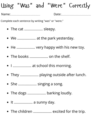 use of was and were exercises worksheets - simple was were use in sentence