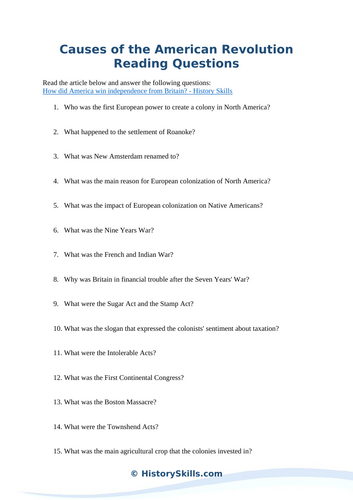 Causes of the American Revolution Reading Questions Worksheet