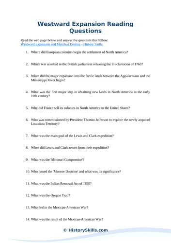 Westward Expansion Reading Questions Worksheet