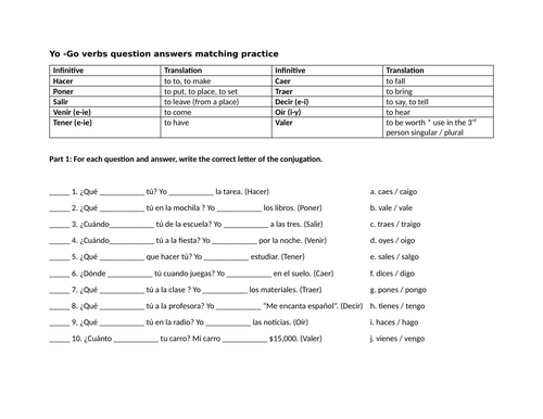 Yo -Go verbs question answers matching practice