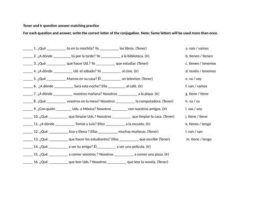 Tener and Ir question answer matching practice