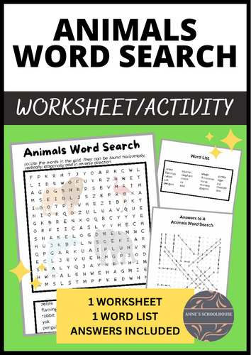 Vocabulary List on Animals - Word Search for Middle School