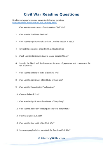 American Civil War Reading Questions Worksheet