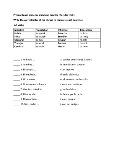 Present tense sentence match up practice (Regular verbs)