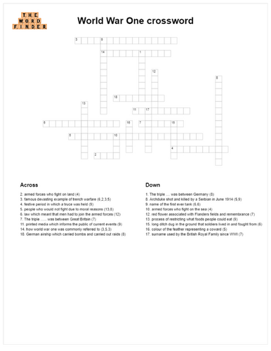 World War One Crossword