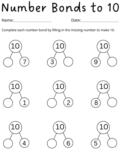 printable kindergarten number bonds to 10 worksheet