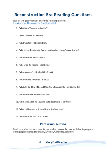 Reconstruction Era Reading Questions Worksheet