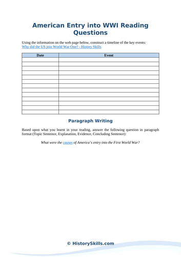 American Entry into WWI Reading Questions Worksheet