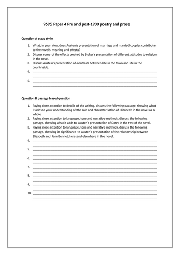 9695 CIE A2  Pride and Prejudice essay and passage based question example wording