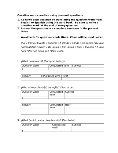 Question words practice using personal questions (Palabras interrogativas)