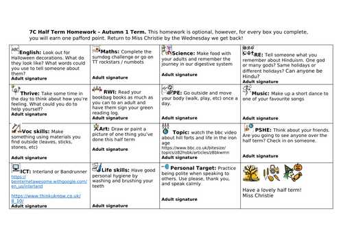 Autumn 1 Half term homework grid