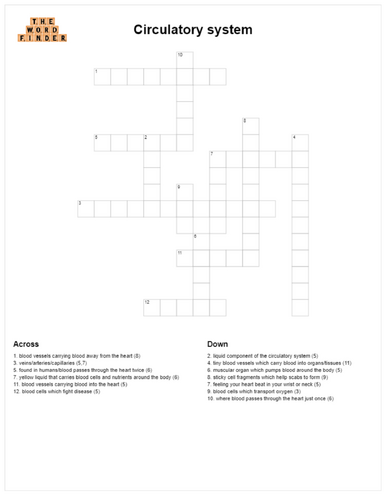 Circulatory System Crossword (KS2 Science)