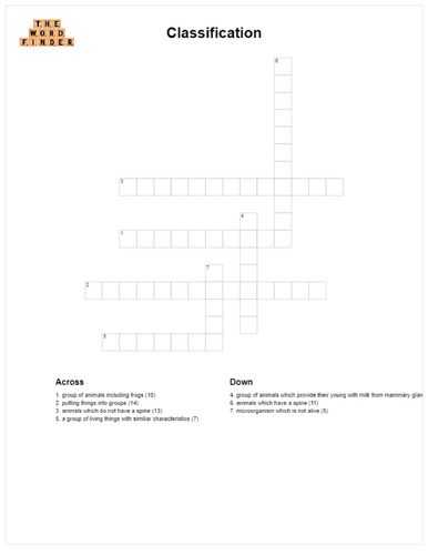 Classification Crossword (KS2 Science)