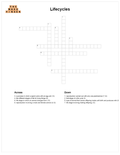 Life cycles crossword (KS2 Science)