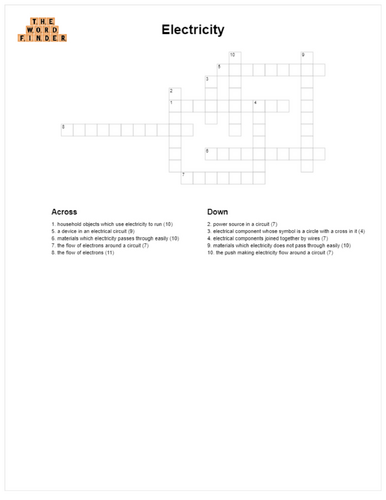 Electricity crossword (KS2 Science)