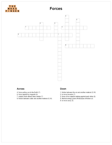 Forces crossword (KS2 Science)