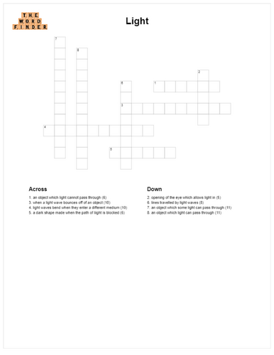 Light crossword (KS2 Science)