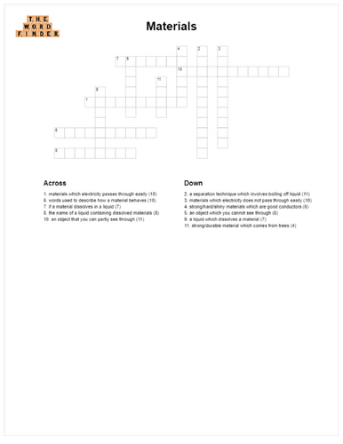 Materials crossword (KS2 Science)