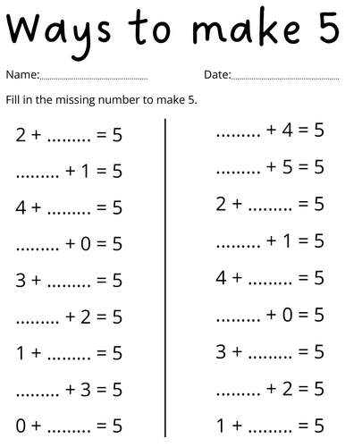 printable ways to make 5 kindergarten worksheets - making 5 math activities