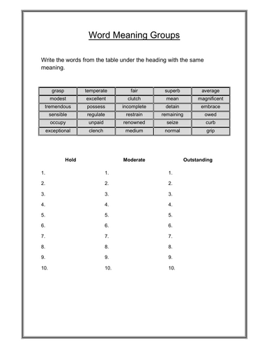 Vocabulary KS2/KS3 Worksheet