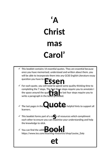 A Christmas Carol Quotes Work Booklet & Retrieval Practice PPT