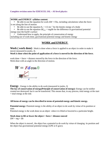 Complete revision notes for IAL - AS level - physics - Energy