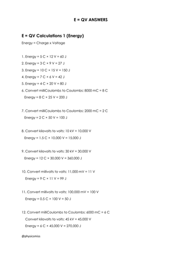 GCSE Physics E = QV Calculations Worksheets w ans