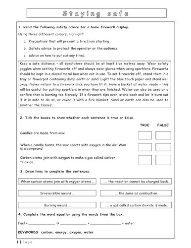 Year 7 - Introduction L4 - worksheet for fire triangle, fuels, and fire extinguishers