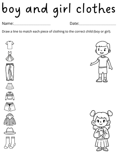 printable clothing boy and girl things activities worksheet for kindergarten