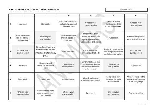 B1 Cell Differentiation & Specialisation Challenge Grid