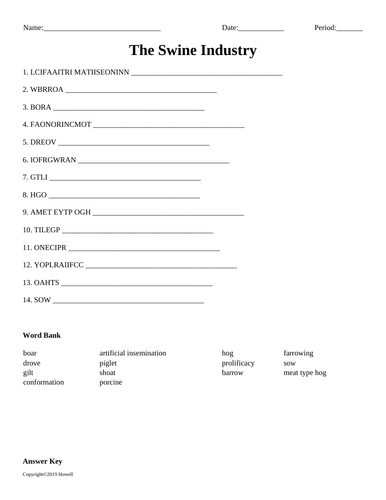 The Swine Industry Word Scramble for an Ag. II Animal Science Course