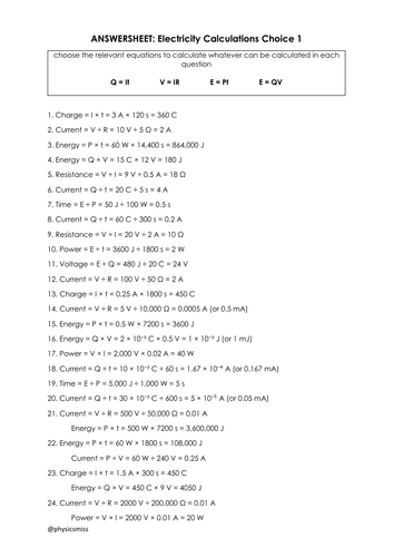 Electricity Calculations Choice 1 Worksheet