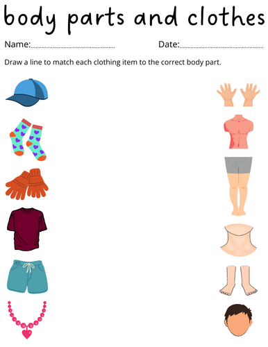 preschool body parts and clothes worksheets for kindergarten