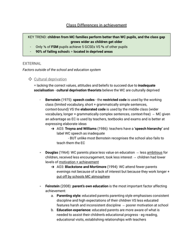 A-level Sociology Education - Class - Summary Notes