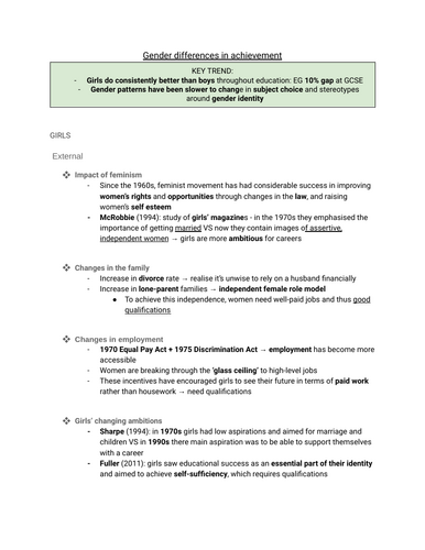 A-level Sociology Education - Gender  - Summary Notes